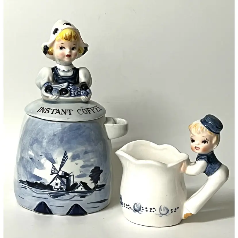 Enesco Set Instant Coffee Canister & Creamer Dutch Girl & Boy Japan