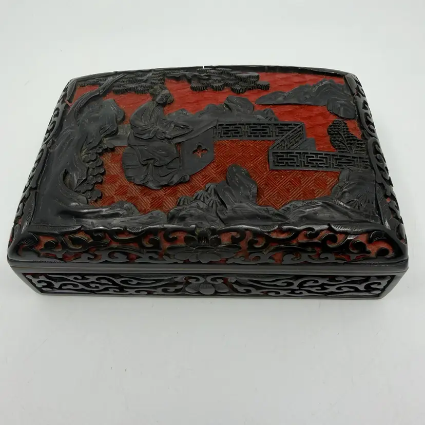 Vintage Cinnabar Black & Red Layered Lacquer Box Brass Edges hand carved 6”