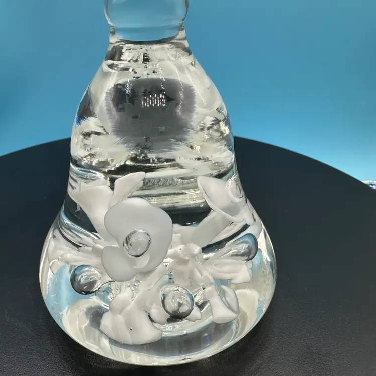 Joe Rice Art Glass Artisan Paperweight / White Flowers And Controlled Bubbles.