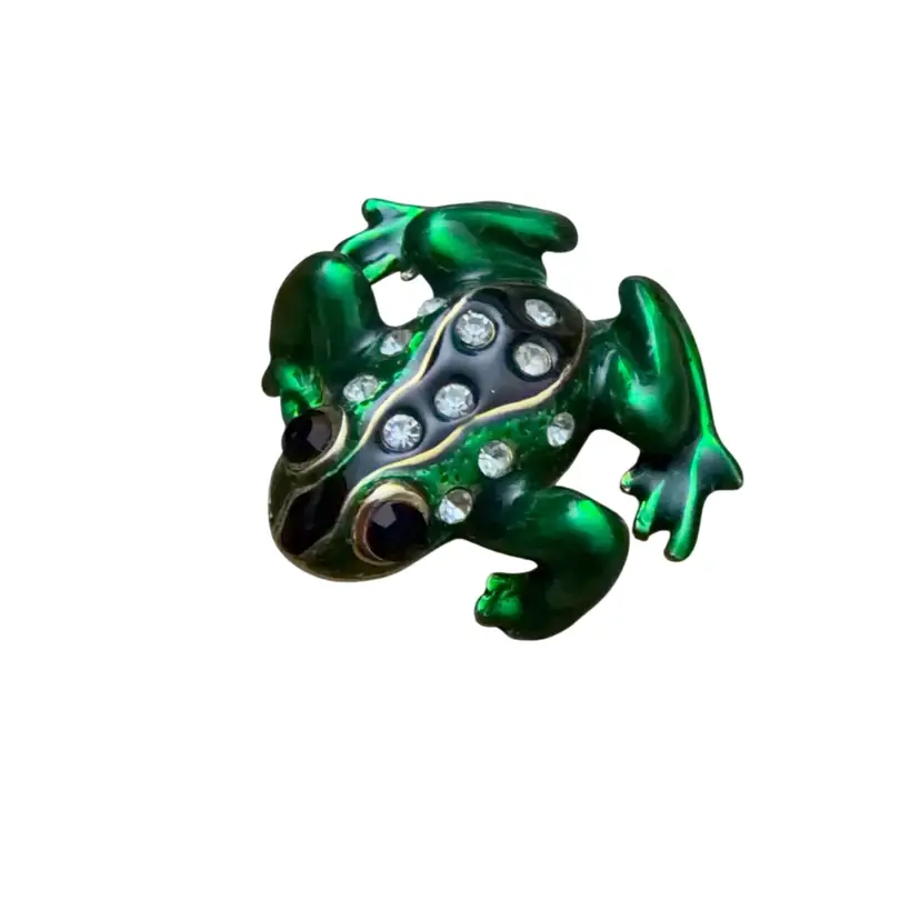 Amazing Vintage Green Gold Black Bejeweled Eyes Frog Brooch