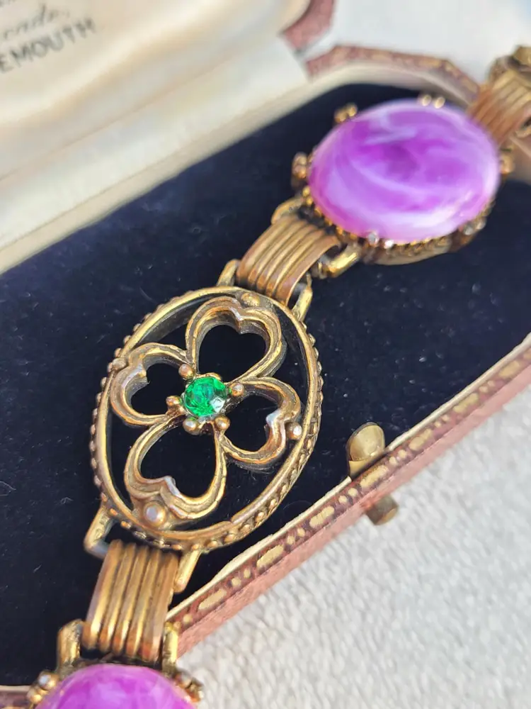 Vintage Purple & Green Cabochon Rhinestone Gold Tone Chunky Link Bracelet 7.5"