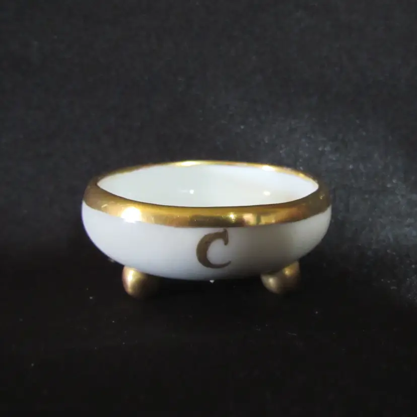 20) Porcelain Open Salt Cellar - Gold Trim & Initial "C"