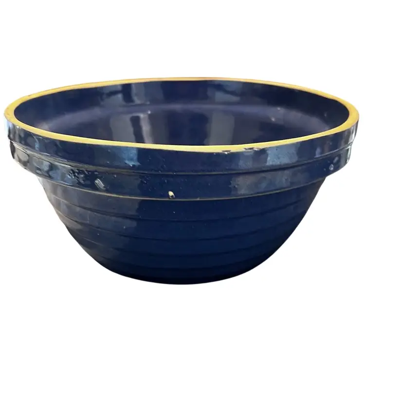 08 Vintage USA Pottery Blue Batter Bowl 9” Farmhouse