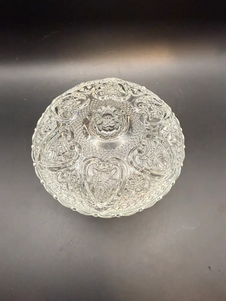 Vintage KIG Malaysia Heart And Rose Pattern Glass Candy Dish
