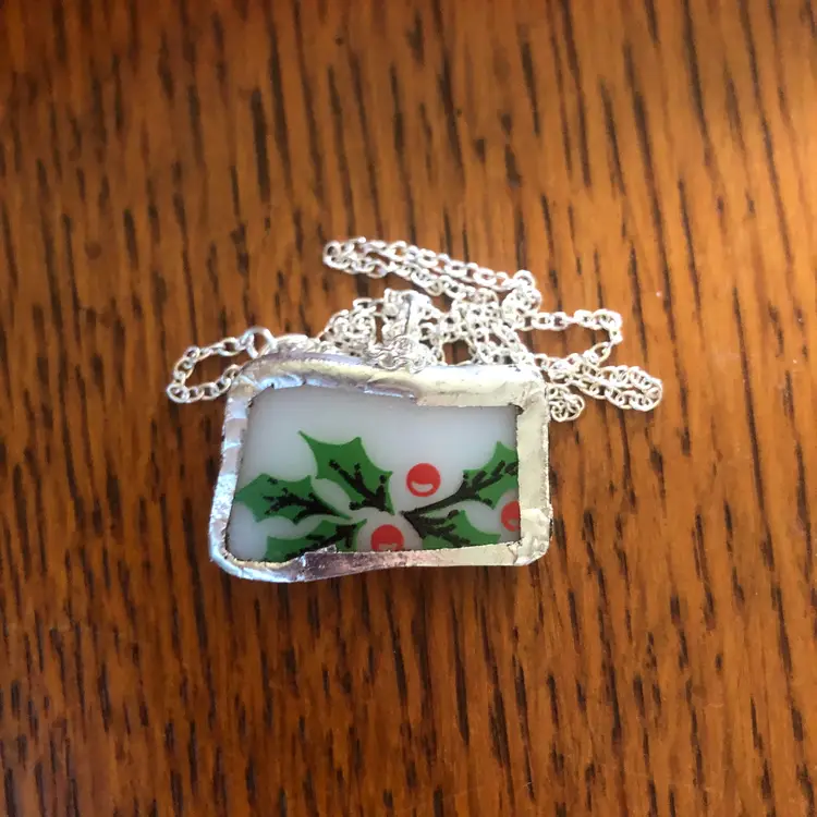 Oodelally Shop Broken Cup Artisan Made Pendant Corning Holly Days Mug Handcrafted Necklace 1 in x 3/4 in