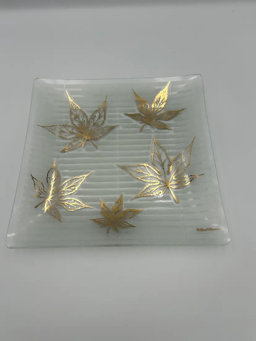 Vintage MCM Fred Press Gold  Leaf Fused Glass Design Plate / Dish