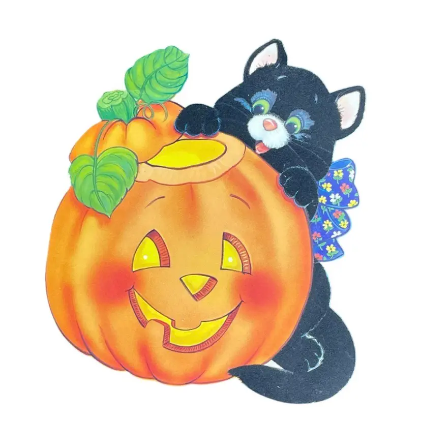 Halloween Die Cut Black Cat Jack O'Lantern Double Sided Ephemera Flocked Glows