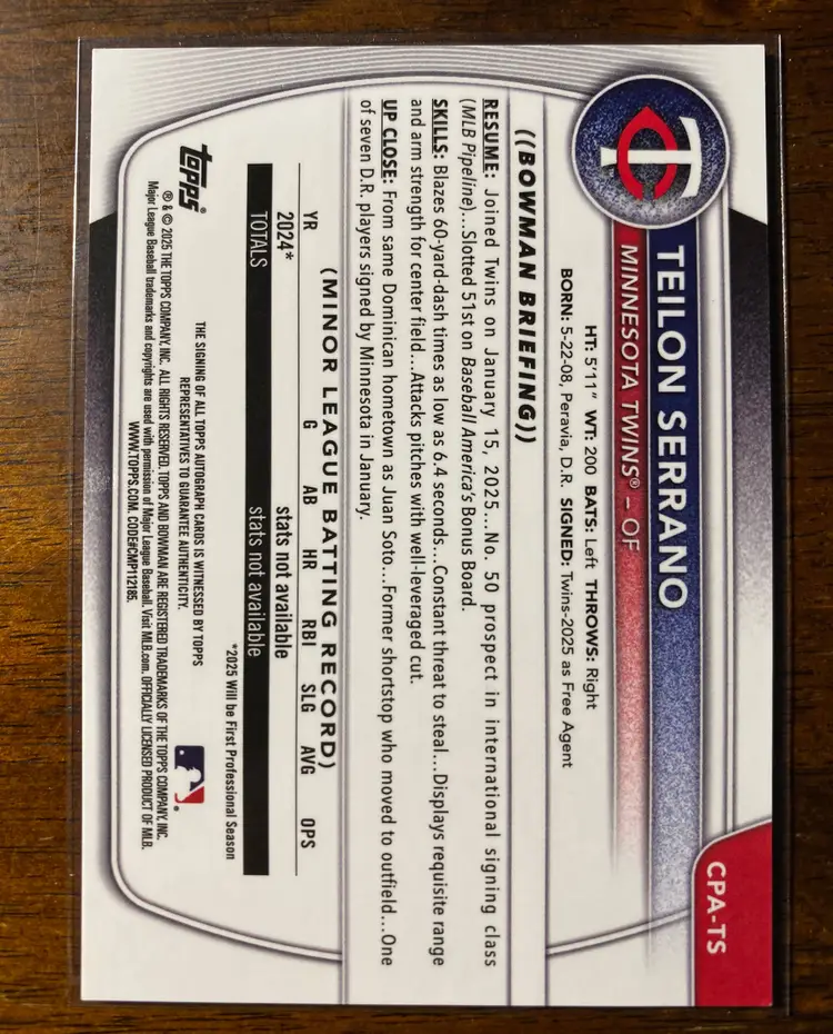 2025 Bowman Chrome Teilon Serrano 1st Prospect Gold Auto 8/50 Minnesota Twins