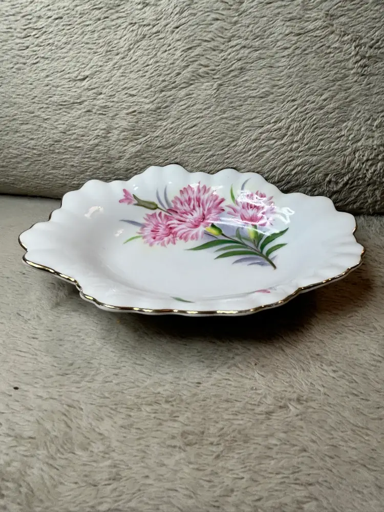 Vintage Andrea By Sadek White Bone China Trinket Dish W/ Pink Flowers