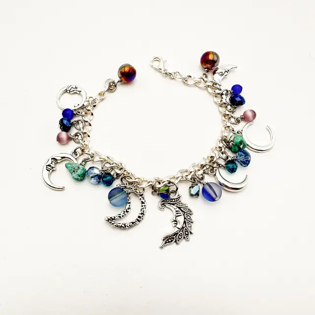 Man In the Moon Celestial Charm Bracelet Cha Cha Beads Lobster Clasp Silver Plated 7.5