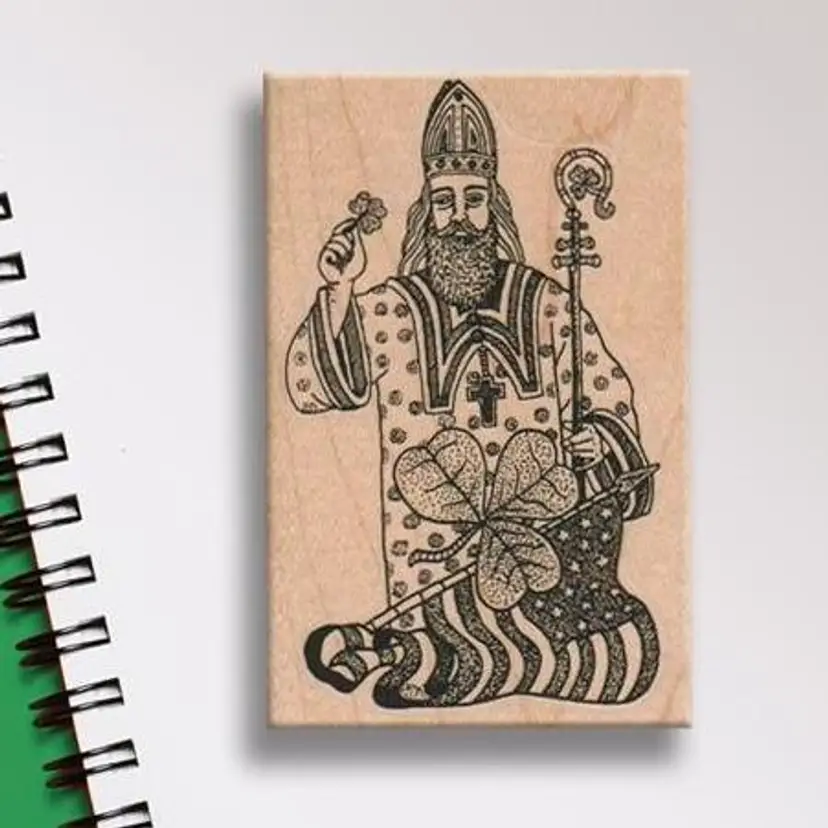 Saint Patrick With Clover and American Flag Rubber Stamp - Irish Holiday