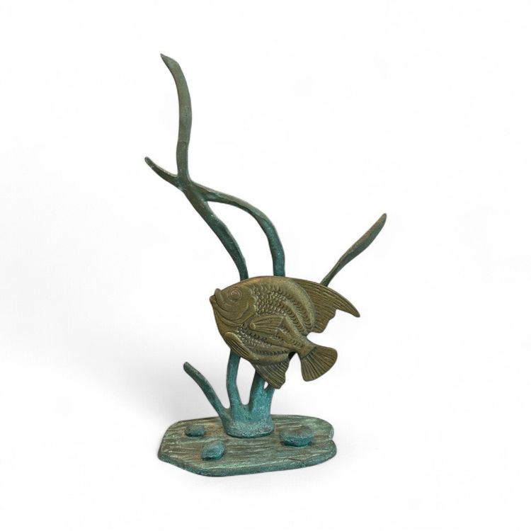Vintage Brass Fish On Metal Patina Stand