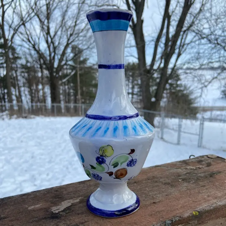 Tonala Pottery, Hand Painted Vase. Butterflies & Flowers Motif. Signed CAT Mexico D.I.B. 8.25”h.