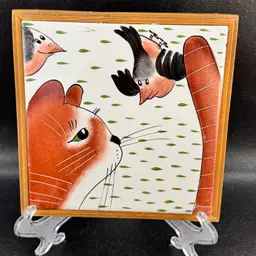 Estonia Helena Tilk Hand Painted Ceramic Tile Folk Art Cats Framed