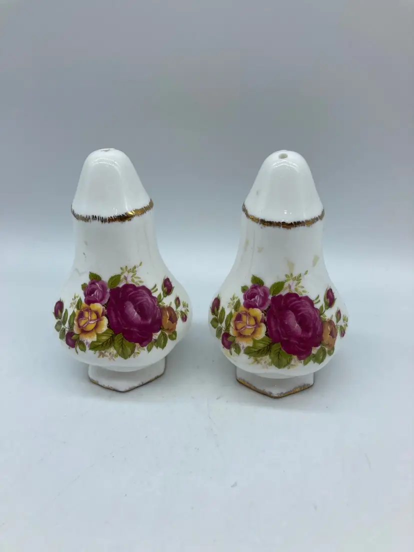 Vintage GENUINE BONE CHINA Yellow Pink Roses Salt & Pepper Shaker Set Japan