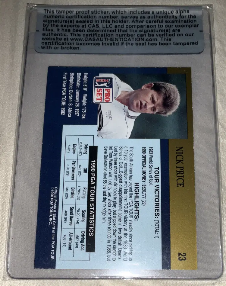 Nick Price autographed goof card CAS Cert