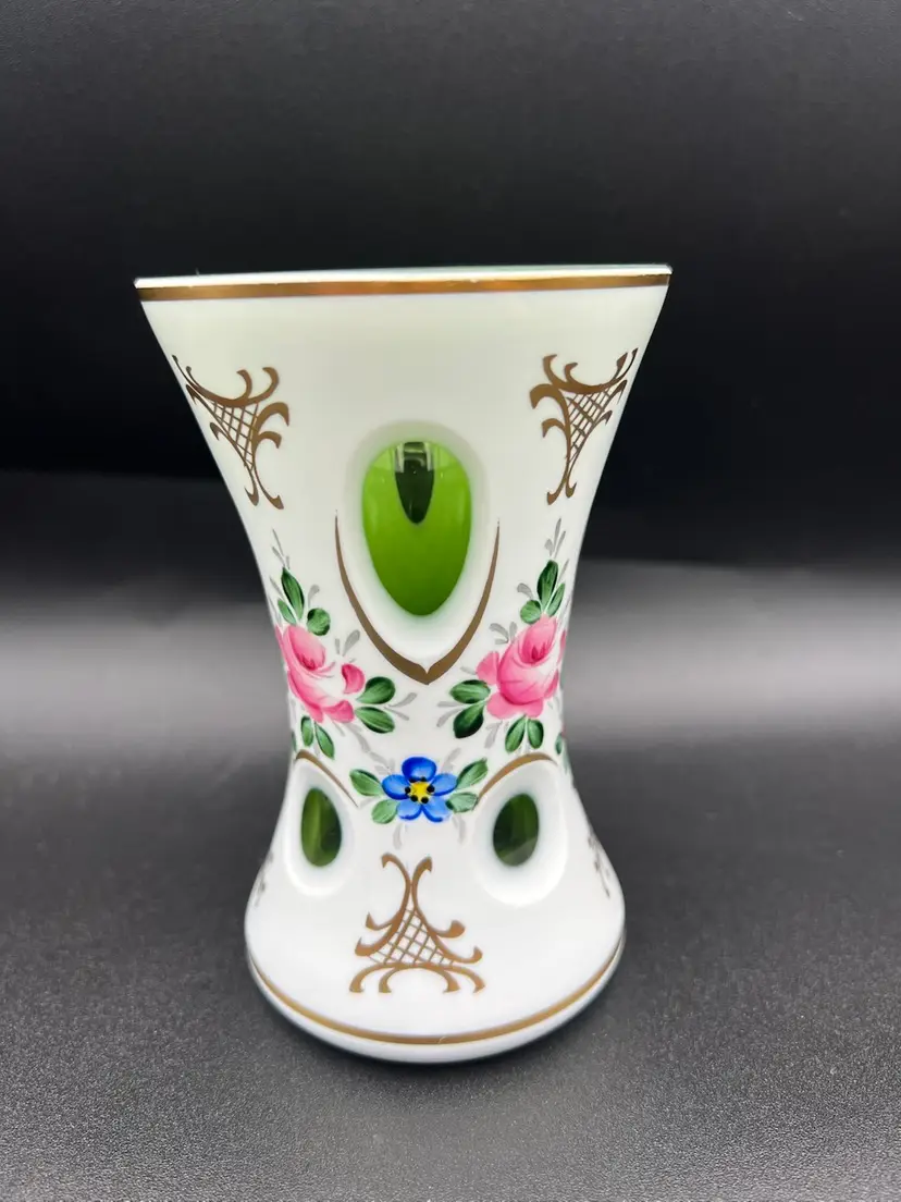 Stunning Antique Moser Art Glass Bohemia Vase Cut to Green Overlay 5” Tall