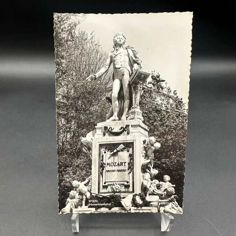 “Mozart Monument” Deckled Edge Vintage Postcard Black And White Photo Statue Unused