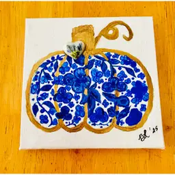 4"x 4" Square Canvas Original Art Blue and White Pumpkin by Black Lion Studios