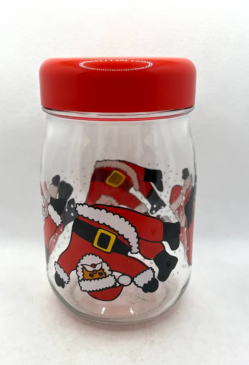 Vintage VMC REIMS Tumbling Santa Christmas Jar Canister Red Screw Top Lid Made in France