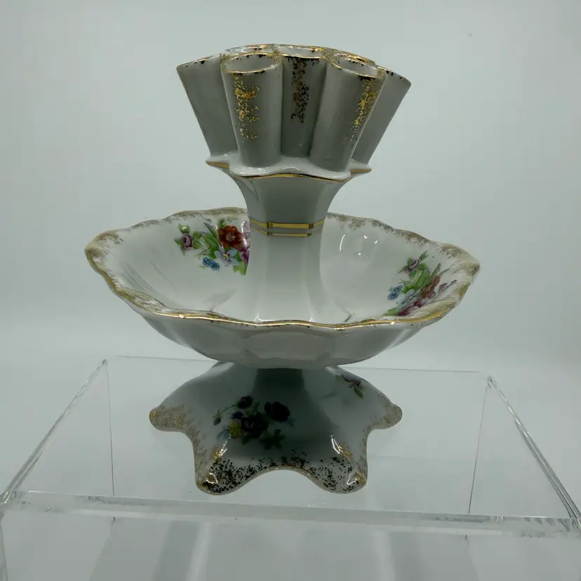 Vintage 1930s Era Porcelain Floral Rose Epergne Flower Frog Centerpiece Vase