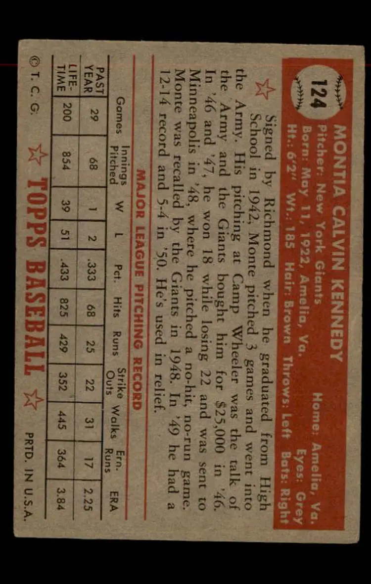 1952 Topps #124 Monte Kennedy - (pk-tl1) - New York Giants