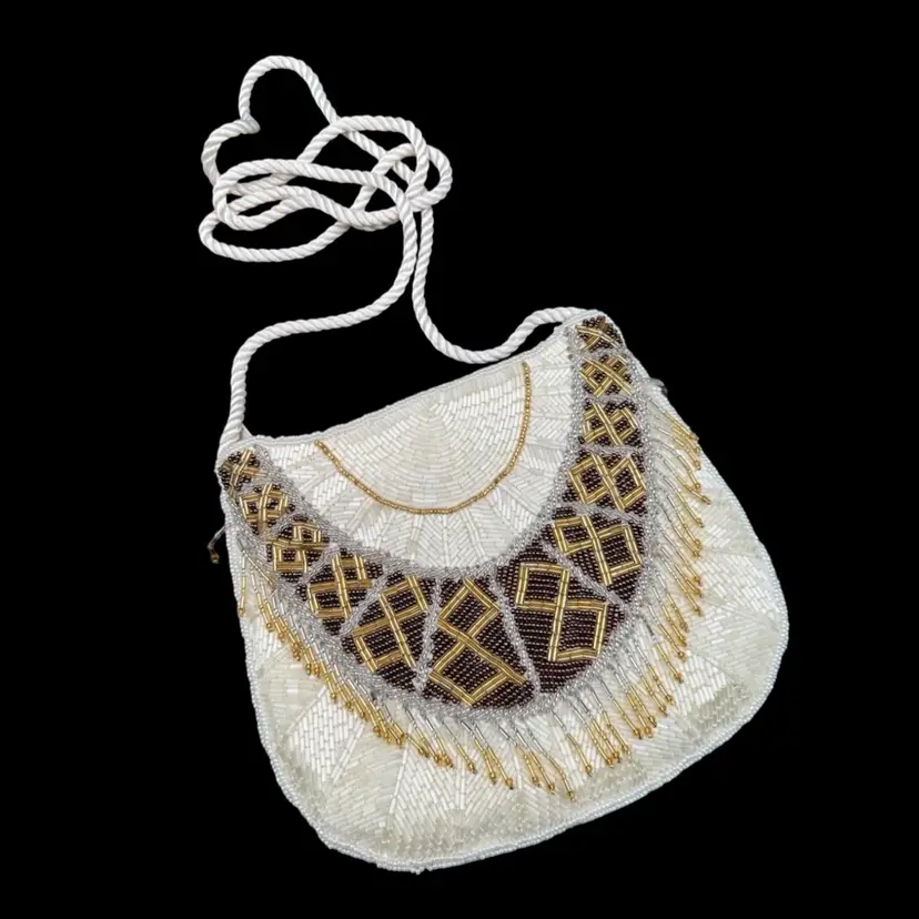 Vintage Nina Ricci Paris White & Champagne Beaded Fringe Evening Bag