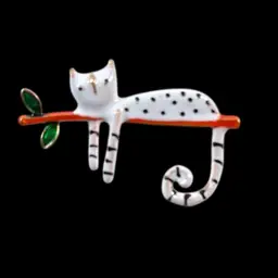 #28 - Gold Tone Enamel Painted Cat on a Limb Brooch