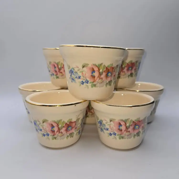 Vtg Universal Cambridge 22K Gold Trim/Floral S/8 Dessert Custard•Berry Cup Bowl