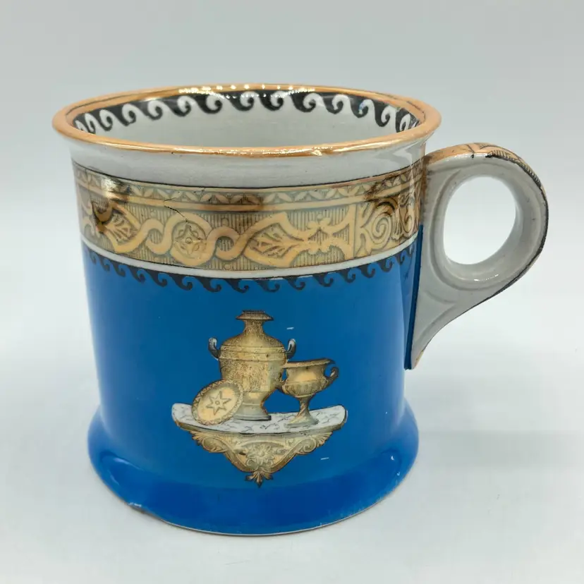 Antique Ironstone Transferware Shaving Mug Vases Urns on Shelf Blue Peach Luster