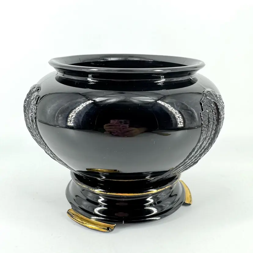 Black Amethyst Glass Vase Featuring A Gold & Black Glass Claw Foot Base