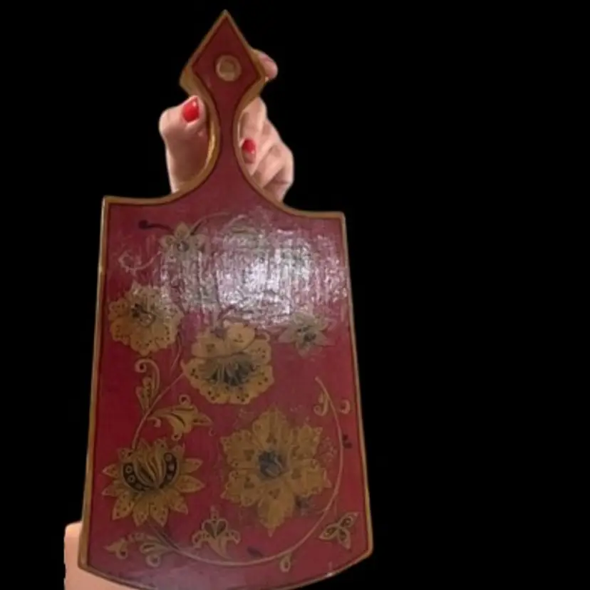 #23 Red And Gold Painted Floral Wooden Cutting Board Wall Decor 13”