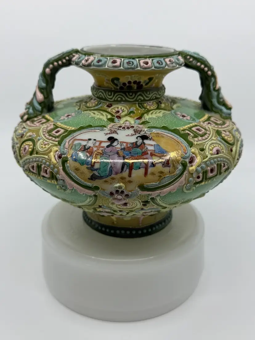 Vintage Japanese Double Handle Moriage Decorated Vase Green Blue Pink Blue