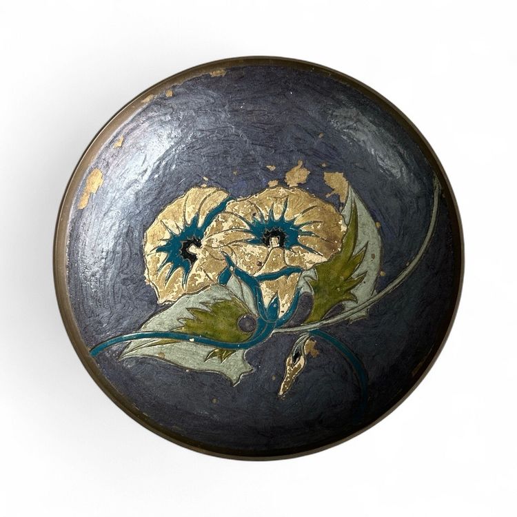 Brass Enameled Flower Themed Trinket Bowl Or Dish