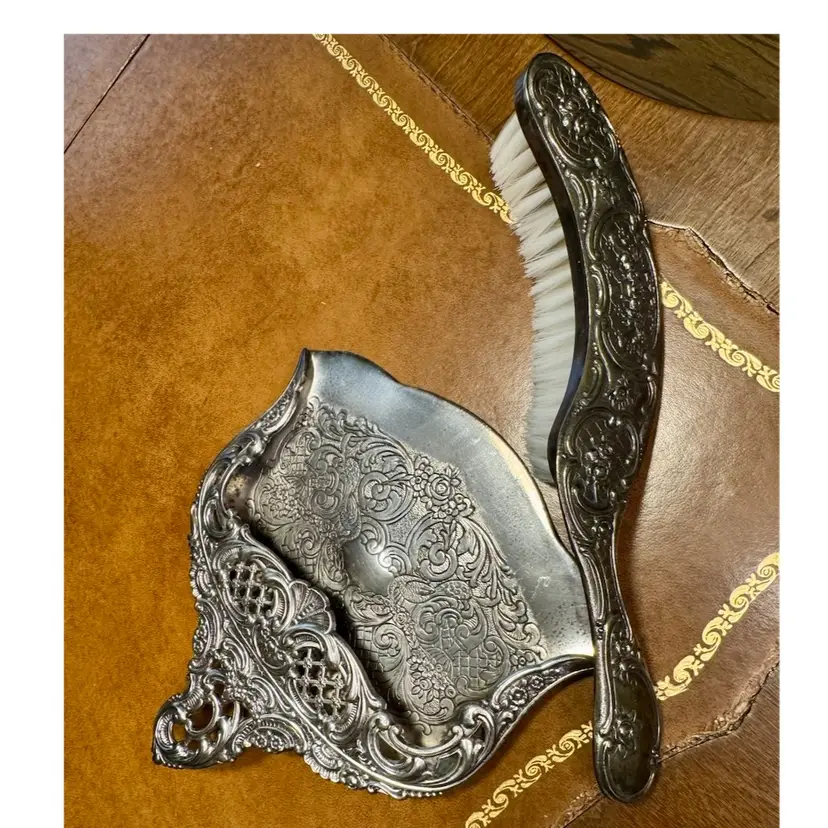 Antique silver-plated table dustpan & brush, very ornate & often referred to as a "silent butler" or crumb catcher
