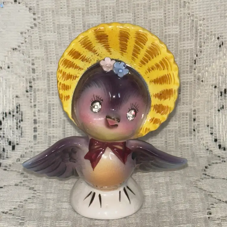 Lefton Salt Or Pepper Shaker Blue Bird Rhinestone Jewel  Eyes Anthropomorphic