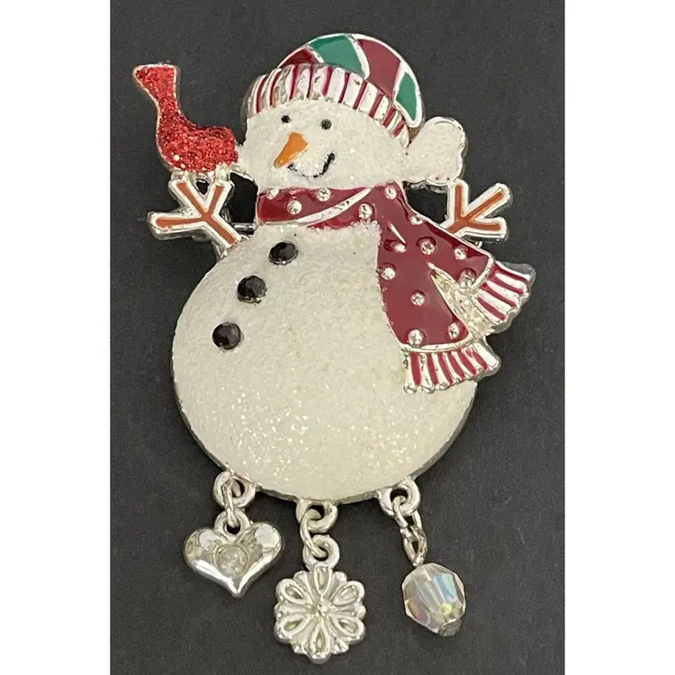 SNOWMAN BROOCH Pin Cardinal Rhinestone Charms Glitter Silver Holiday Christmas Jewelry