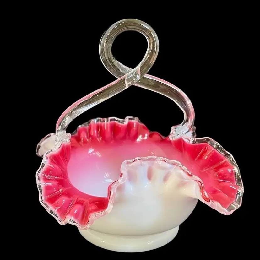 Candy Dish Pink White Cased Victorian Basket With Twisted  Loop Handle Ruffled Edge Stevens & Williams? 
6.75” T x 7” W