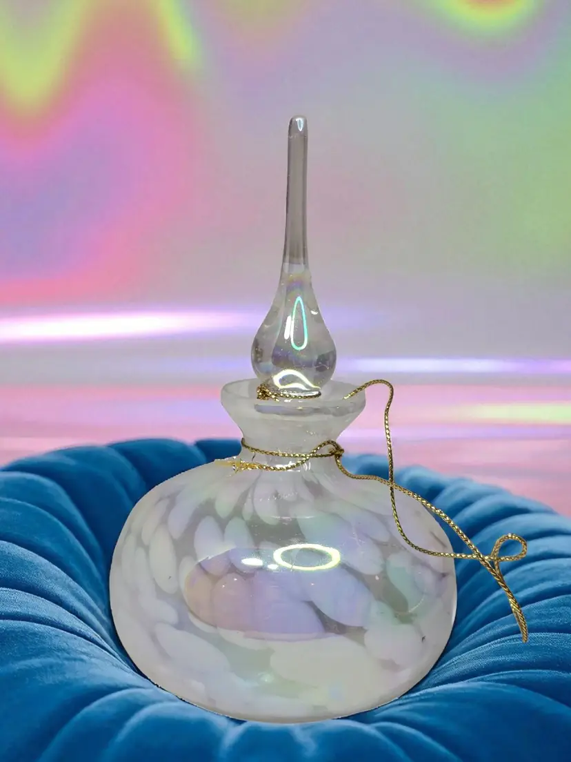 Vtg White Iridescent Art Glass Perfume Bottle With Tear Drop Stopper 5.75"