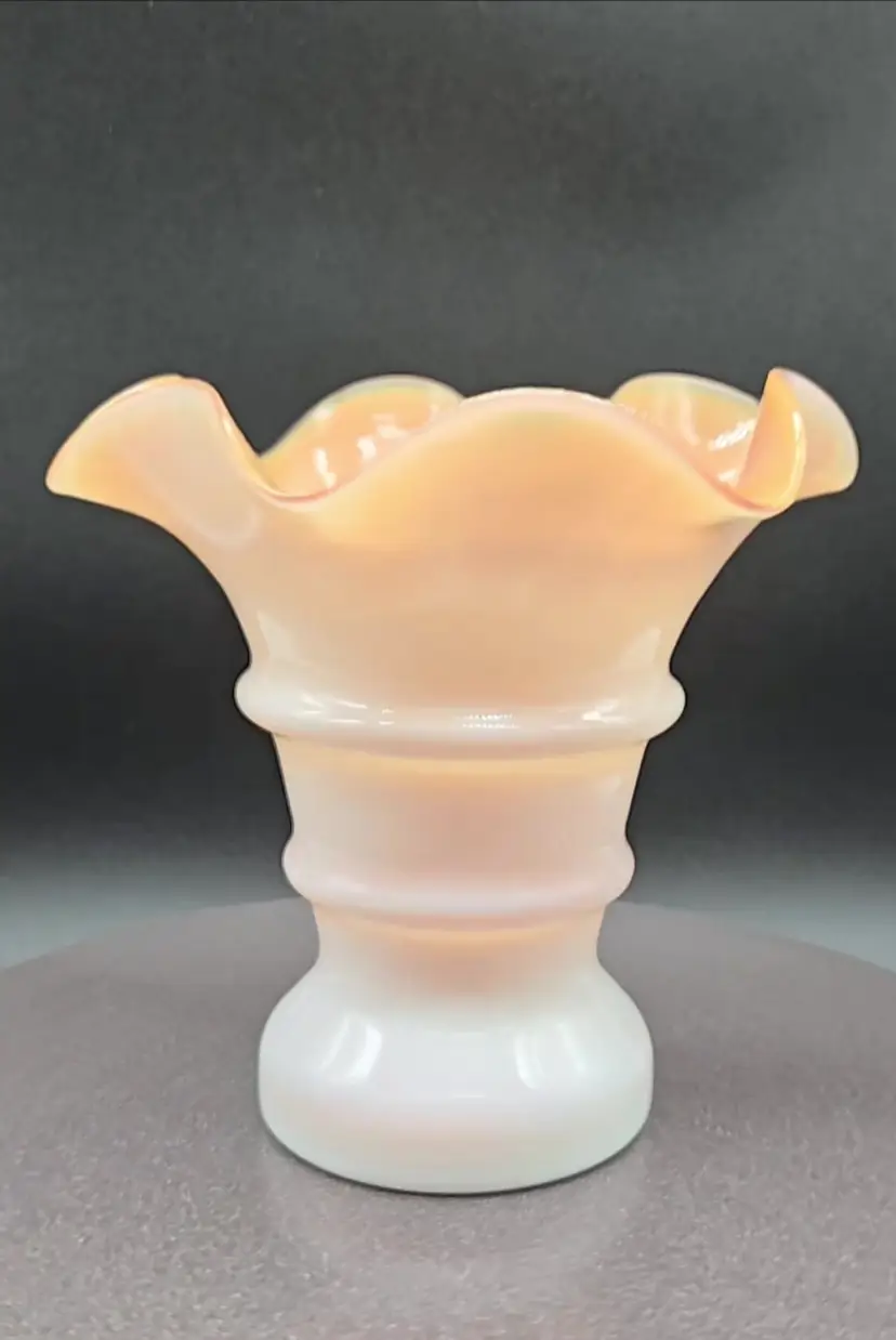 Fenton Peach Cased Glass Ruffled Vase. 6.5" Tall × 6.75 Wide.