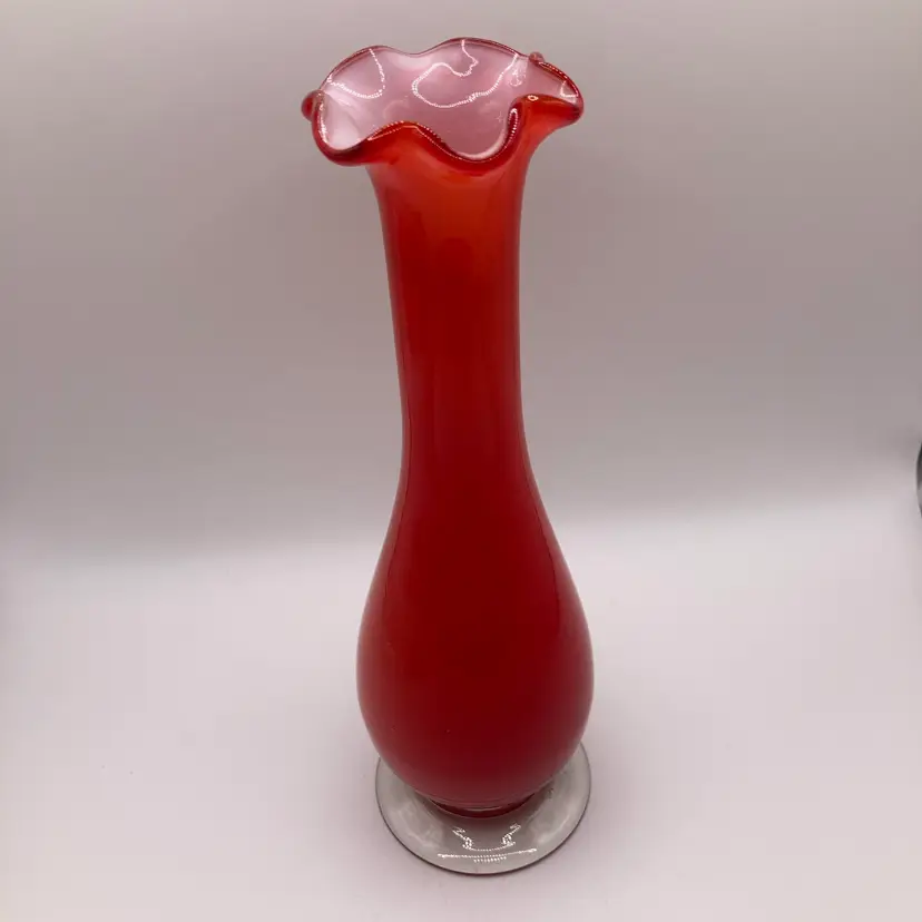 Vintage Cased Art Glass Vase! Vibrant Red Exterior With A Ruffled Flared Top!  7” Tall!