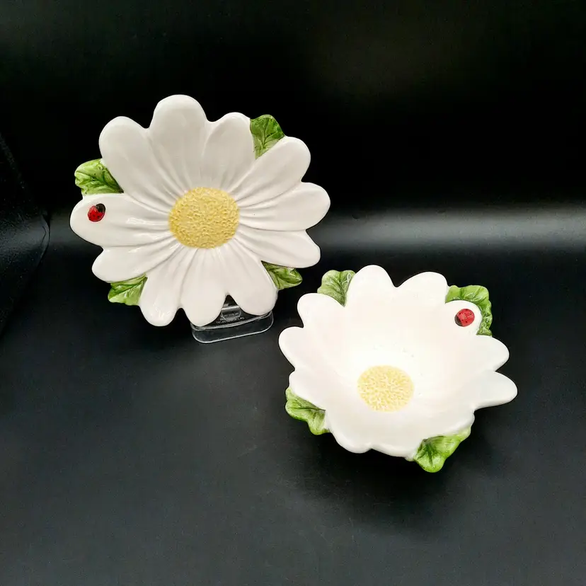 Daisy Flower Ladybug Plate & Bowl Ceramic Spring Decor