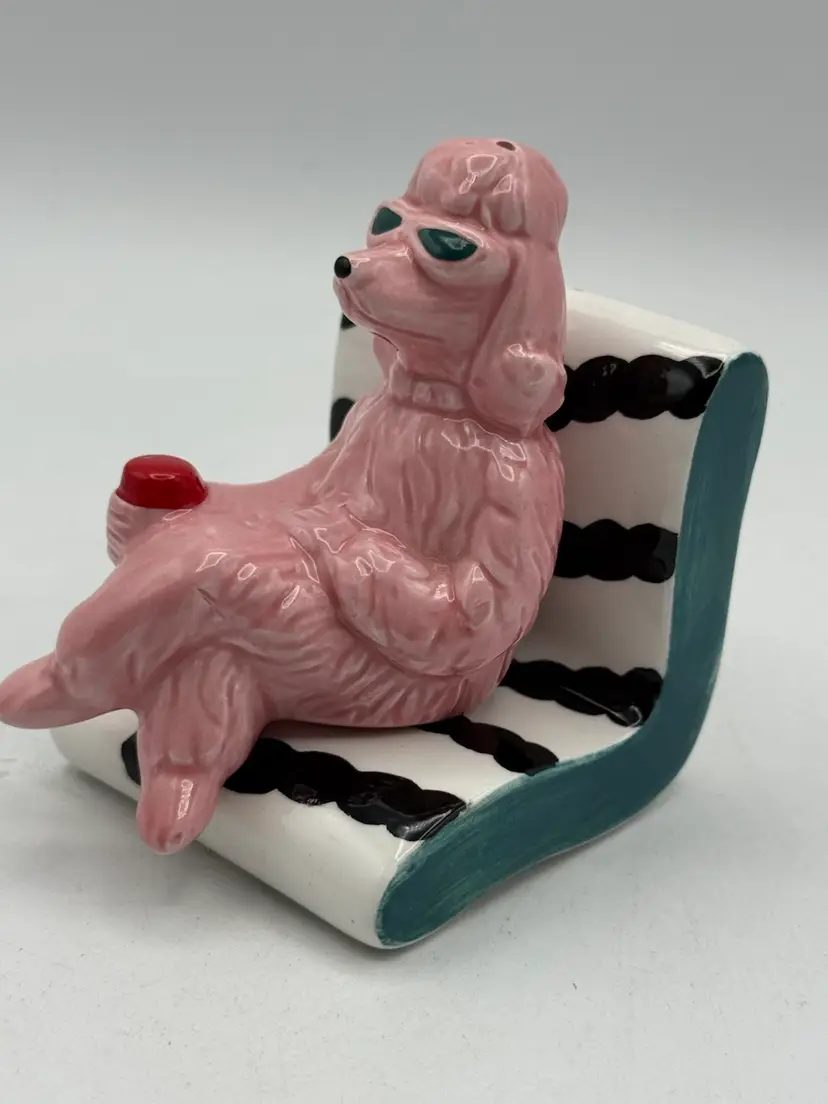 Pink Poodle Dog on Zebra Striped Lounge Chair Salt and Pepper Shaker Set - 1995