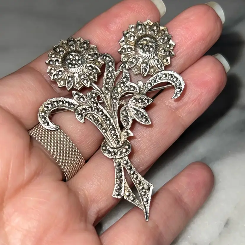 Sterling & Marcasite Sunflowers Brooch 2 1/4”