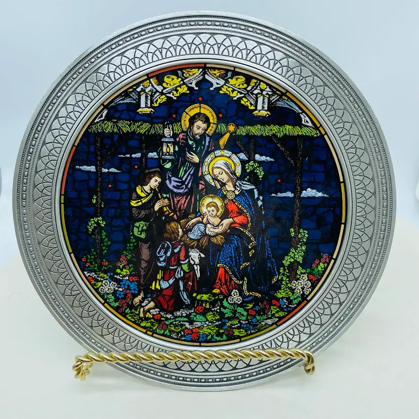 #2924 Rhodes Studio Stained Glass Nativity Of Love In Handmade Pewter Surround 1993 Boxed