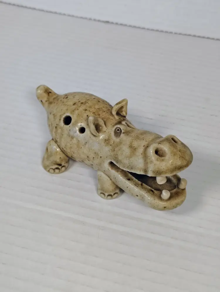House Hippo Clay Art Pottery Whistle Signed