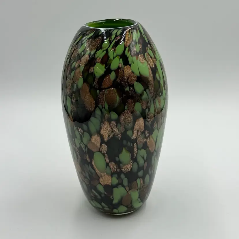 Art Glass Jade Green Black Copper Aventurine Shimmer Green Encased Thick Vase