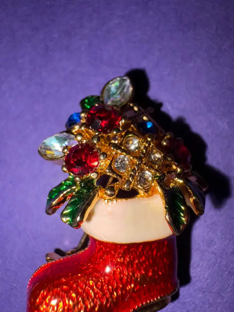 Vintage small  Christmas Boot Brooch ~ Gold Tone And Red Enamel With Multicolored Rhinestones ~ So CUTE!