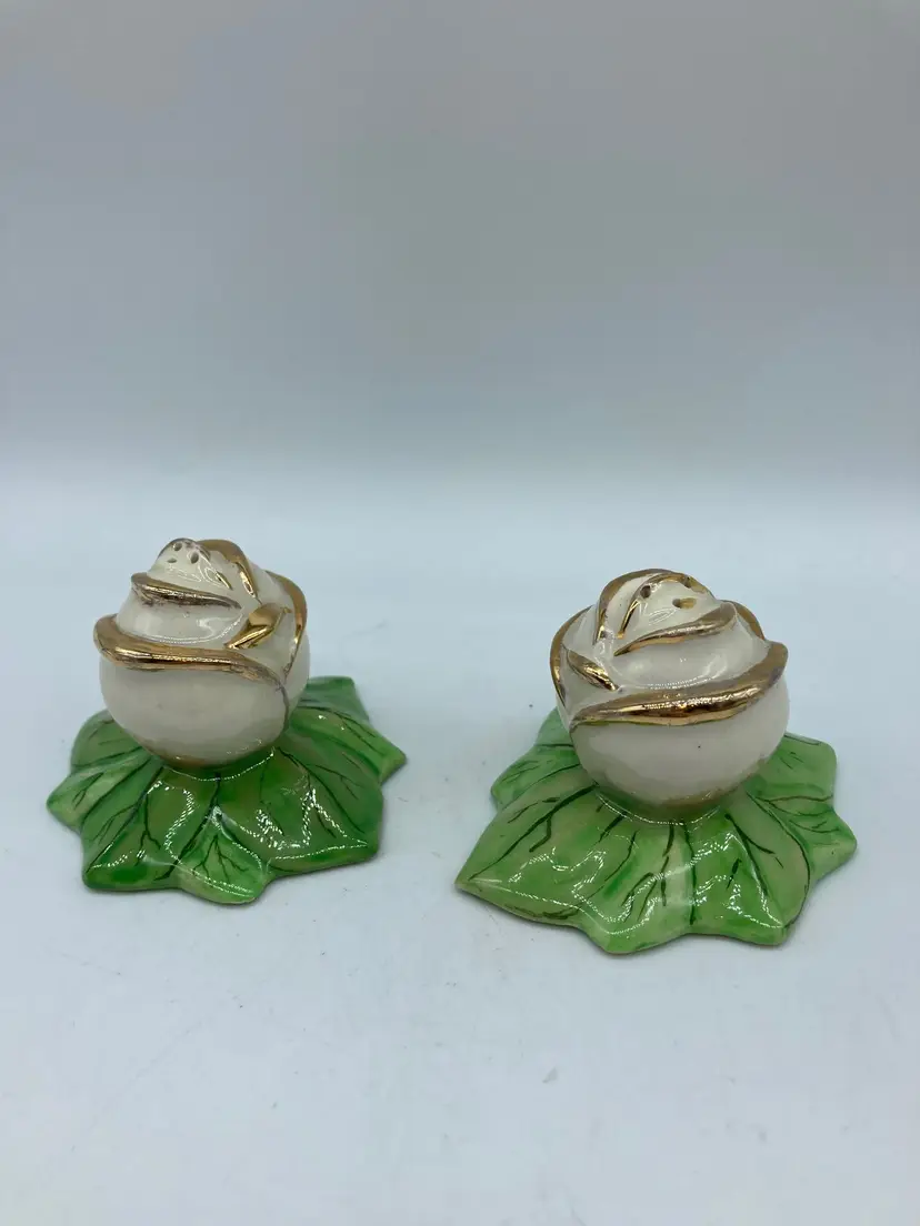Gold Tipped Rose Salt and Pepper Shakers, stamped AK 1953