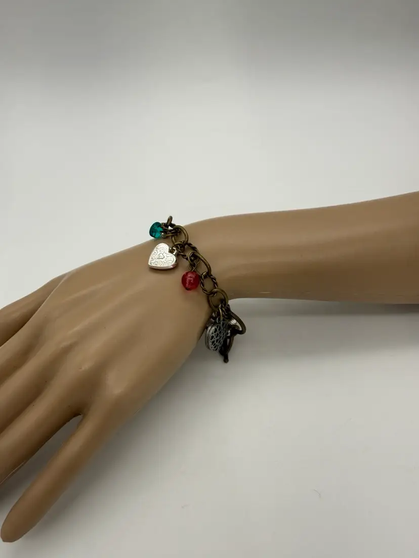 Heart Charms Charm Bracelet Bronze Tone Toggle Chain Chunky Dangly Vintage